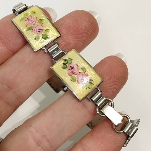Sterling Silver Guilloche Vintage Rose Enamel Link Plate Bracelet 6.5" Cottage - Picture 4 of 16